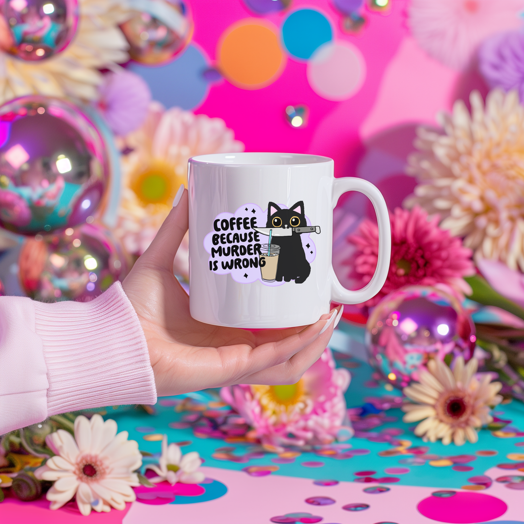 Coffee Because Murder Is Wrong Rude Cat Funny Mug - Yililo