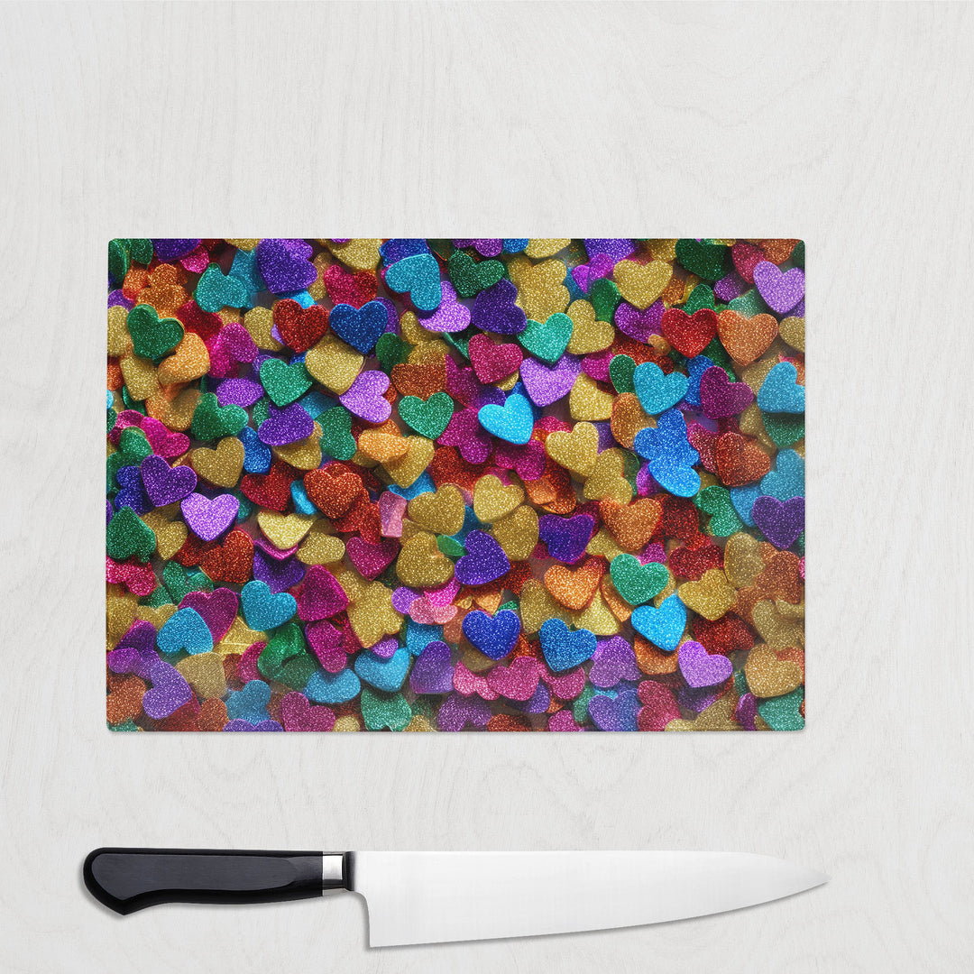 Confetti Hearts glass chopping board with colourful heart confetti design