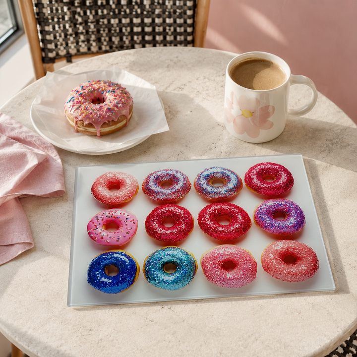 A glittery glass chopping board by Yililo decorated with an image of glittery doughnuts sitting on a kitchen table with a cup of tea and a pink tea towel
