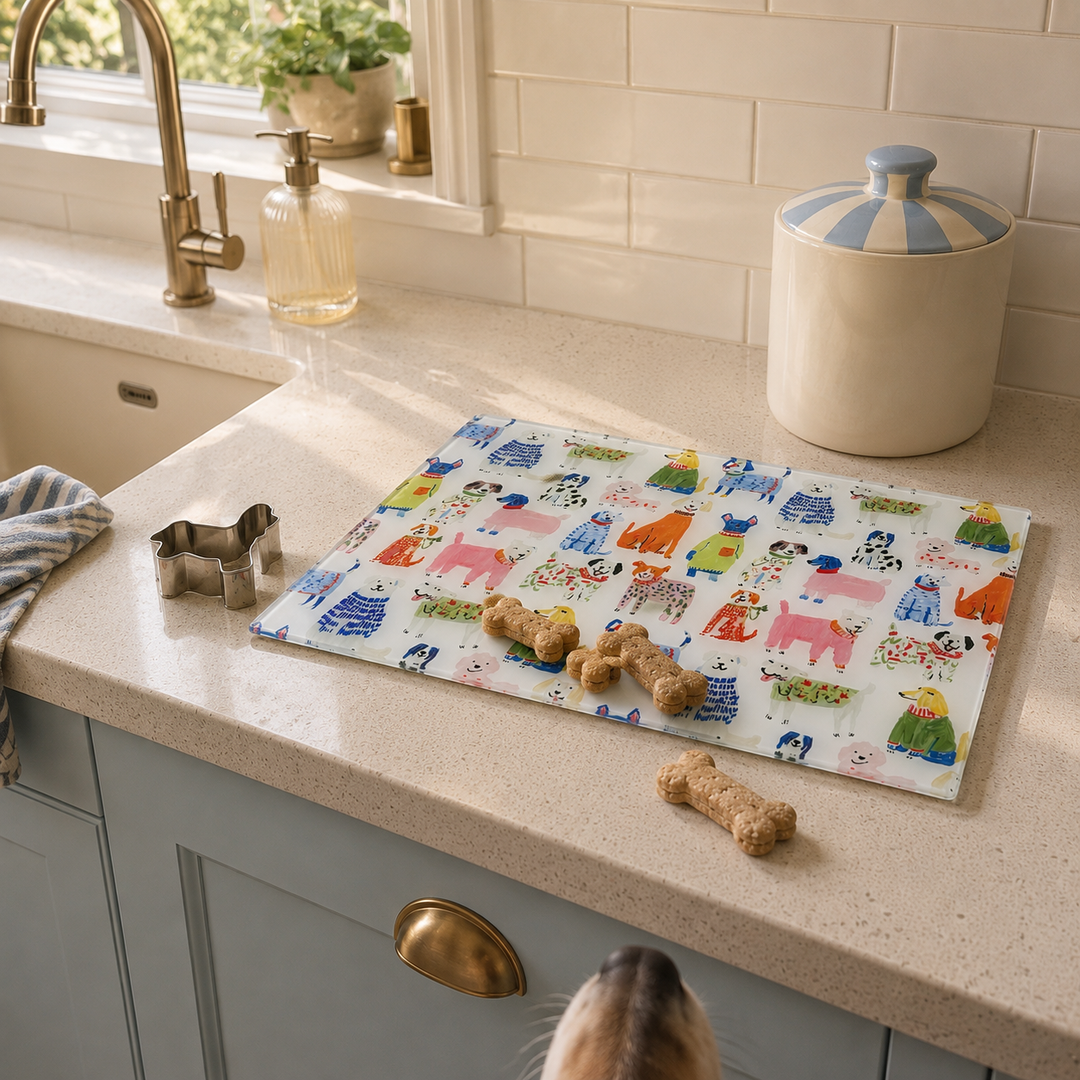 A rectangular glass cutting board with a colourful cartoon dog print is placed on a kitchen counter next to dog bone treats and a metal dog-shaped cookie cutter. A dog's head is visible at the bottom of the frame, and a real kitchen environment with a sink, faucet, and tiled wall is in the background.
