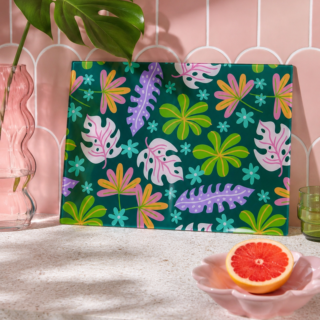 Colourful Tropic Print Glass Chopping Board