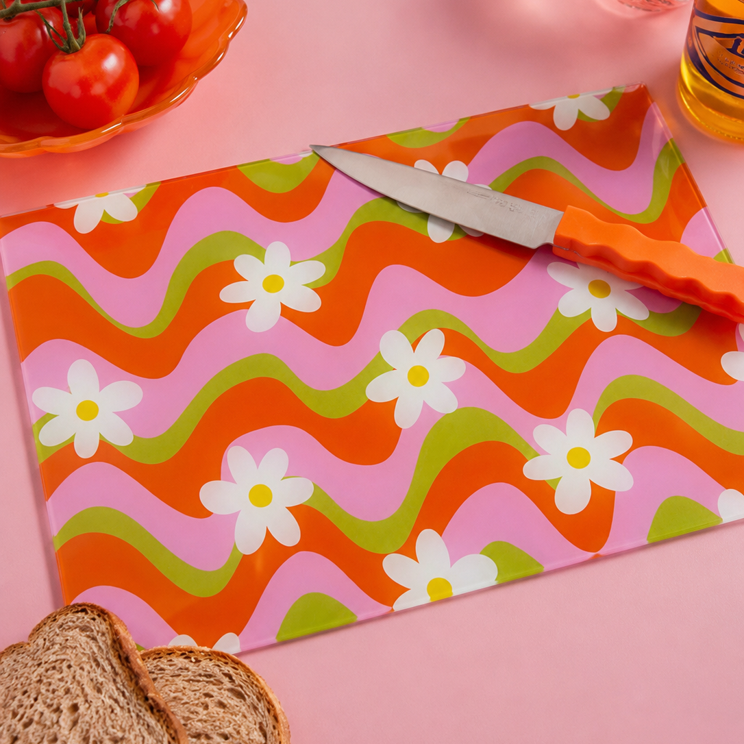 Colourful Wave Flower Glass Chopping Board