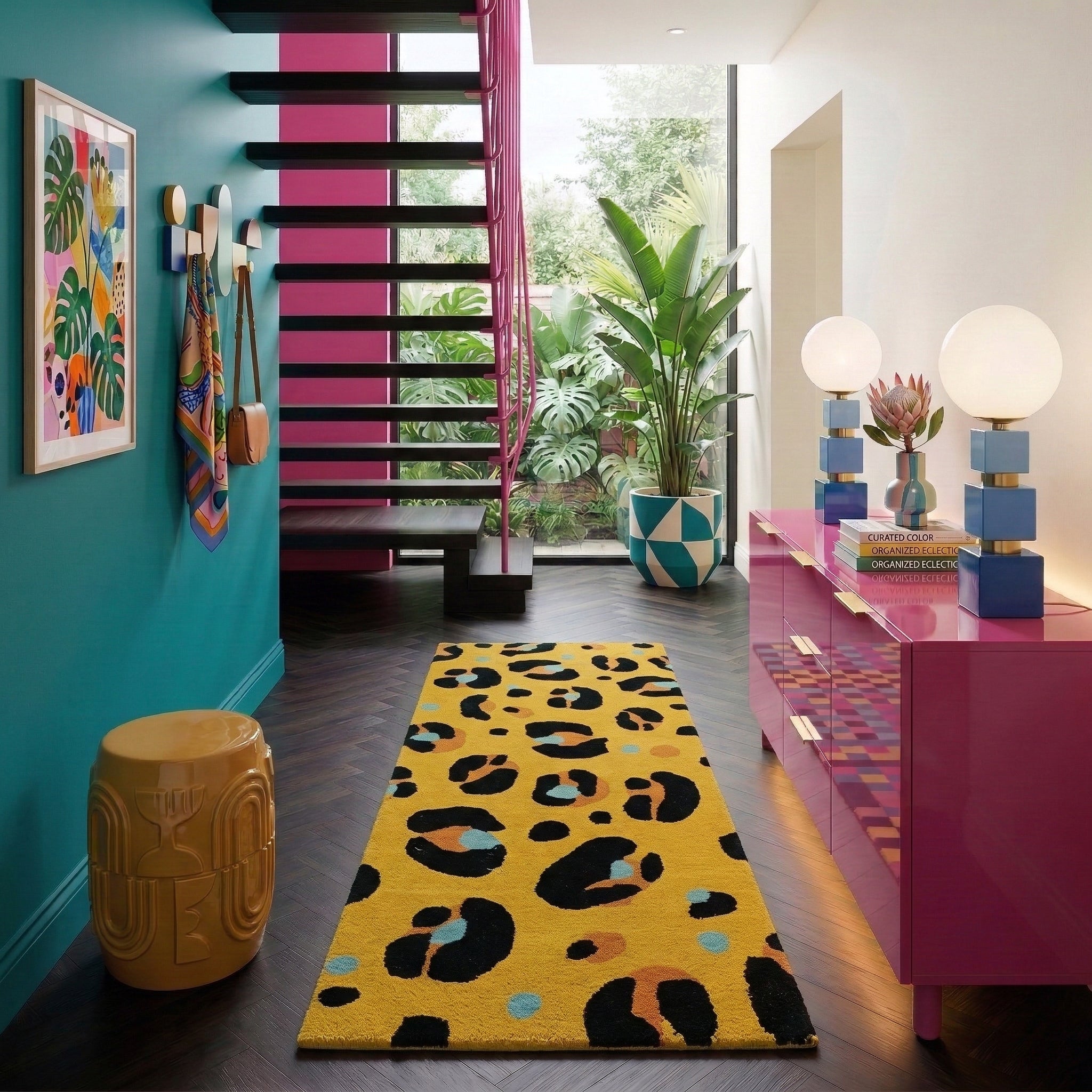 Modern interior with a yellow leopard print rug, pink furniture, and colourful decor.