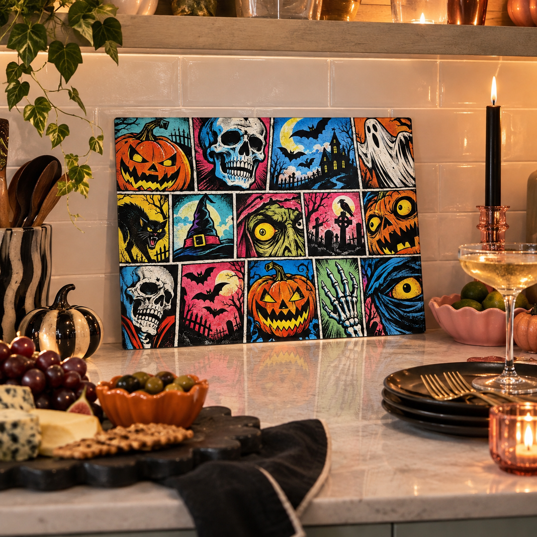 A rectangular Halloween-themed art print or canvas with a 4x4 comic-style grid of colorful spooky illustrations, displayed on a kitchen counter. The print features jack-o'-lanterns, skulls, ghosts, a witch hat, a cat, and haunted-house scenes in bright contrasting colors.