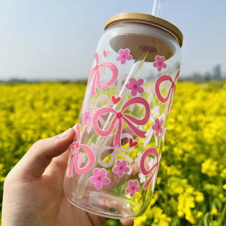 Coquette Pink Bow Beer Can Glass Cup And Straw - Yililo