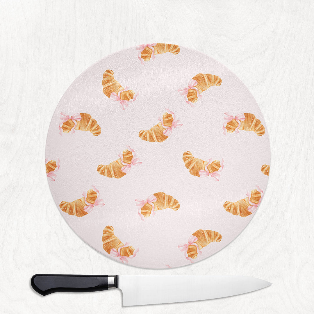 Cute Croissant round glass chopping board with buttery croissants tied with pink bows