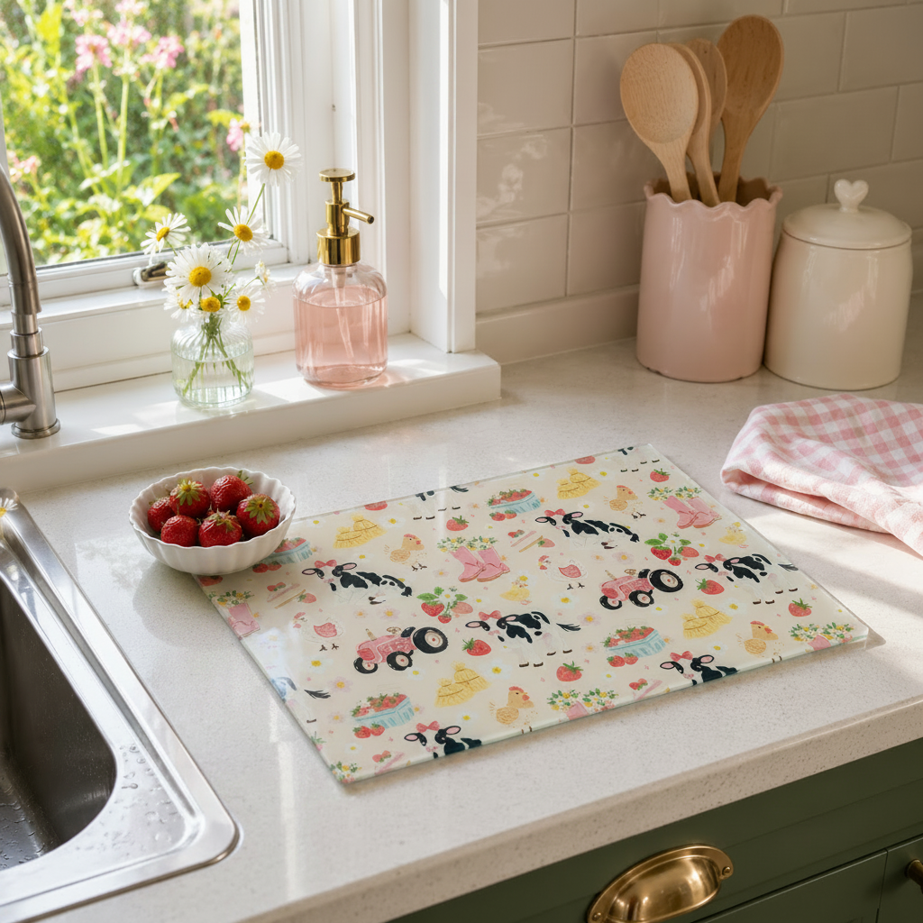 A rectangular glass cutting board with a colourful pattern of cows, tractors, strawberries, and cars, resting on a white kitchen countertop next to a sink and a bowl of fresh strawberries.