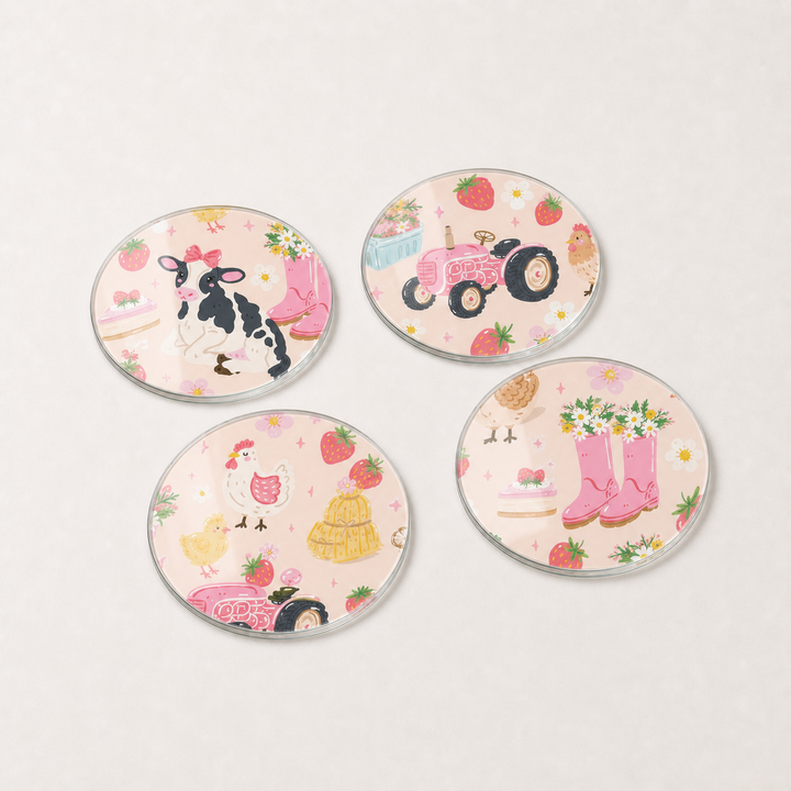 Cute Farmyard Life 4 Piece Glass Coaster Set