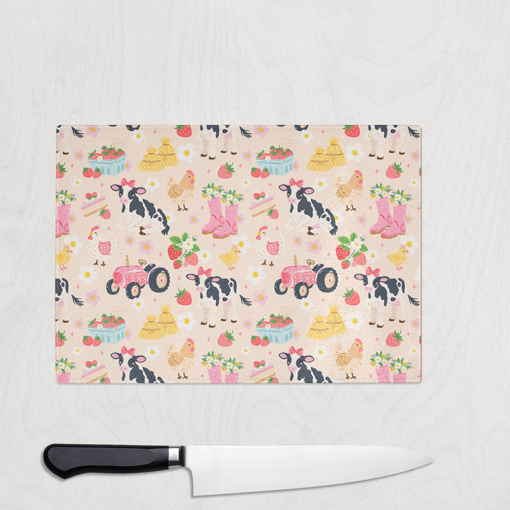Cute Farmyard Life glass chopping board with cows, chickens, tractors and strawberries
