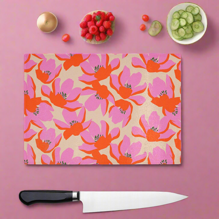 Bold Pink Blooms Glass Chopping Board