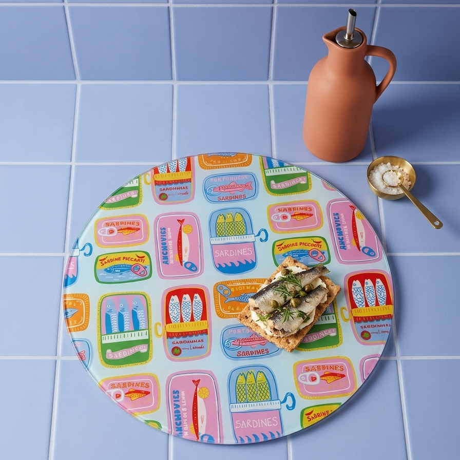 Sardine Parade Round Glass Chopping Board