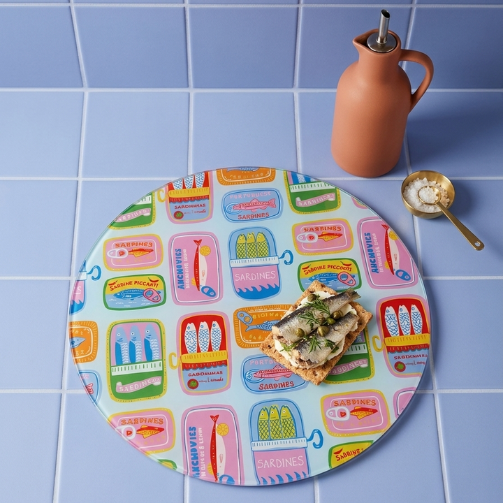 Sardine Parade Round Glass Chopping Board