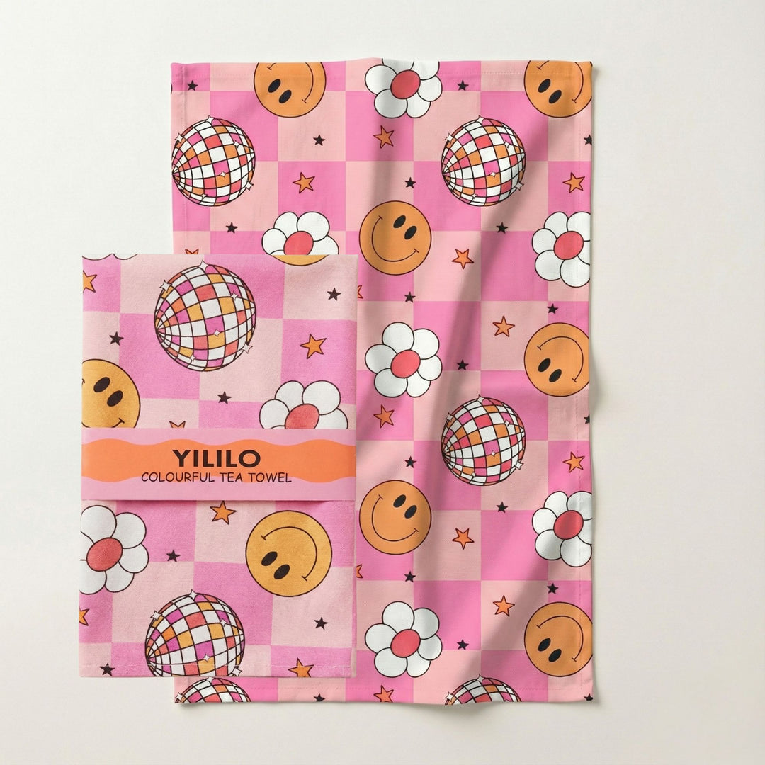 Pink Smiley Disco Cotton Tea Towel