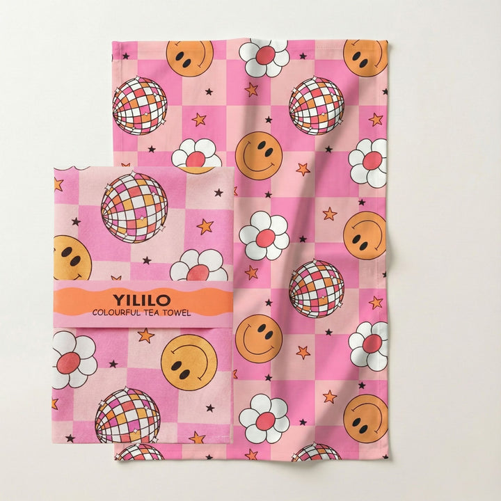 Pink Smiley Disco Cotton Tea Towel