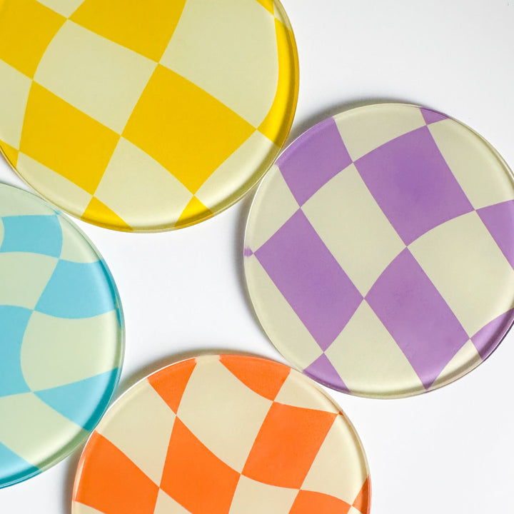 90s Wavy Check Light Colourful 4 Piece Glass Coaster Set - Yililo