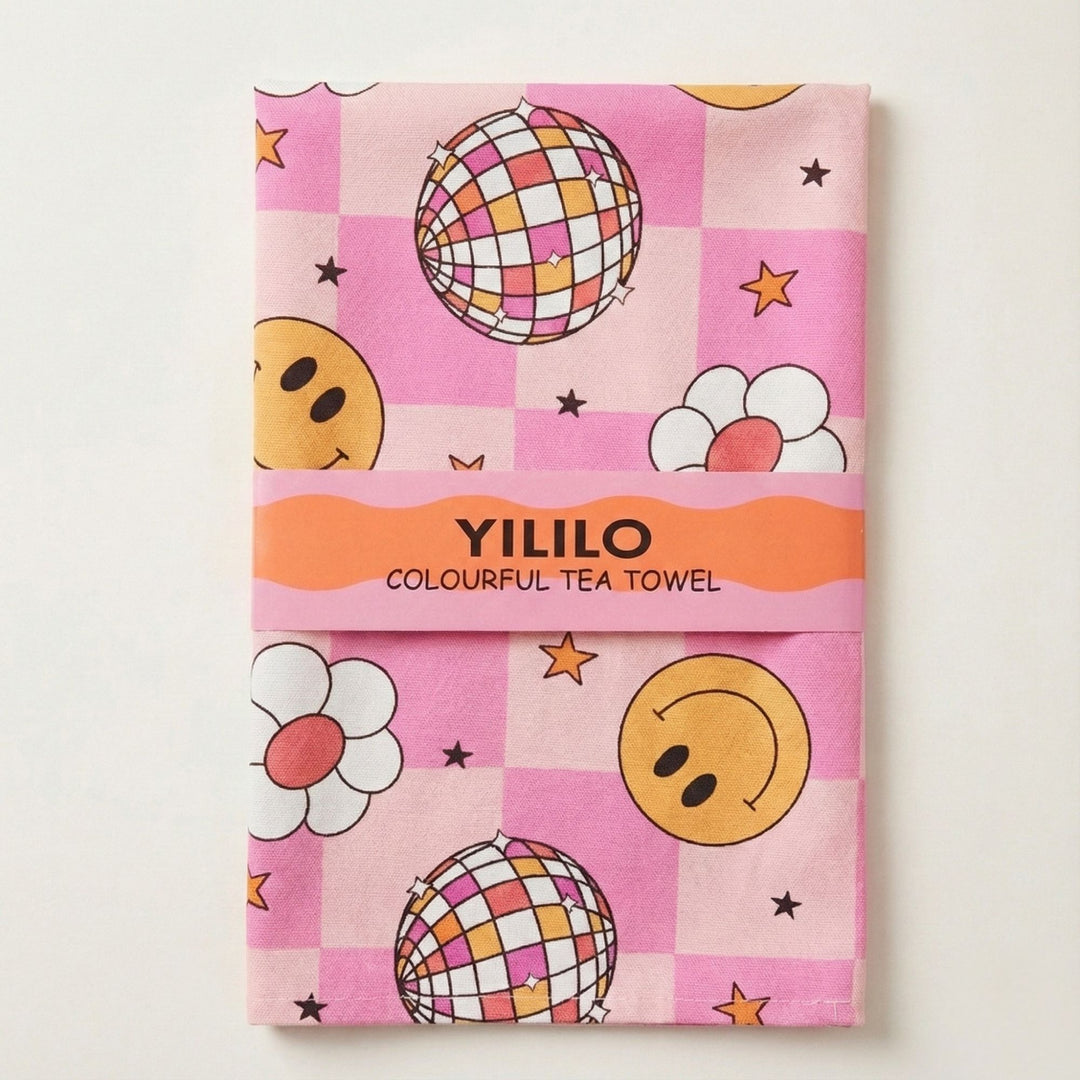Pink Smiley Disco Cotton Tea Towel