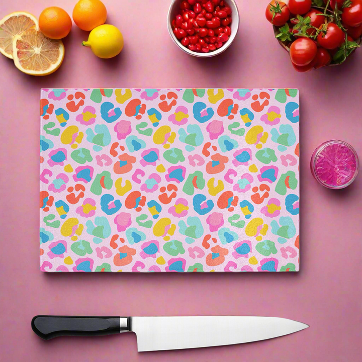 Wild Rainbow Leopard Print Glass Chopping Board