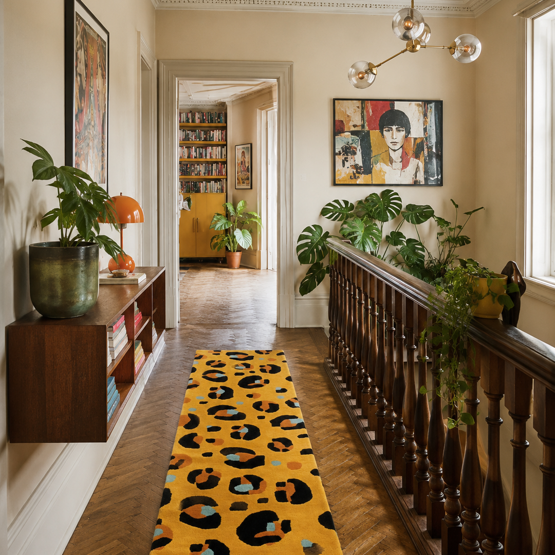 Hallway with a yellow leopard print rug, wooden banister, and plants.