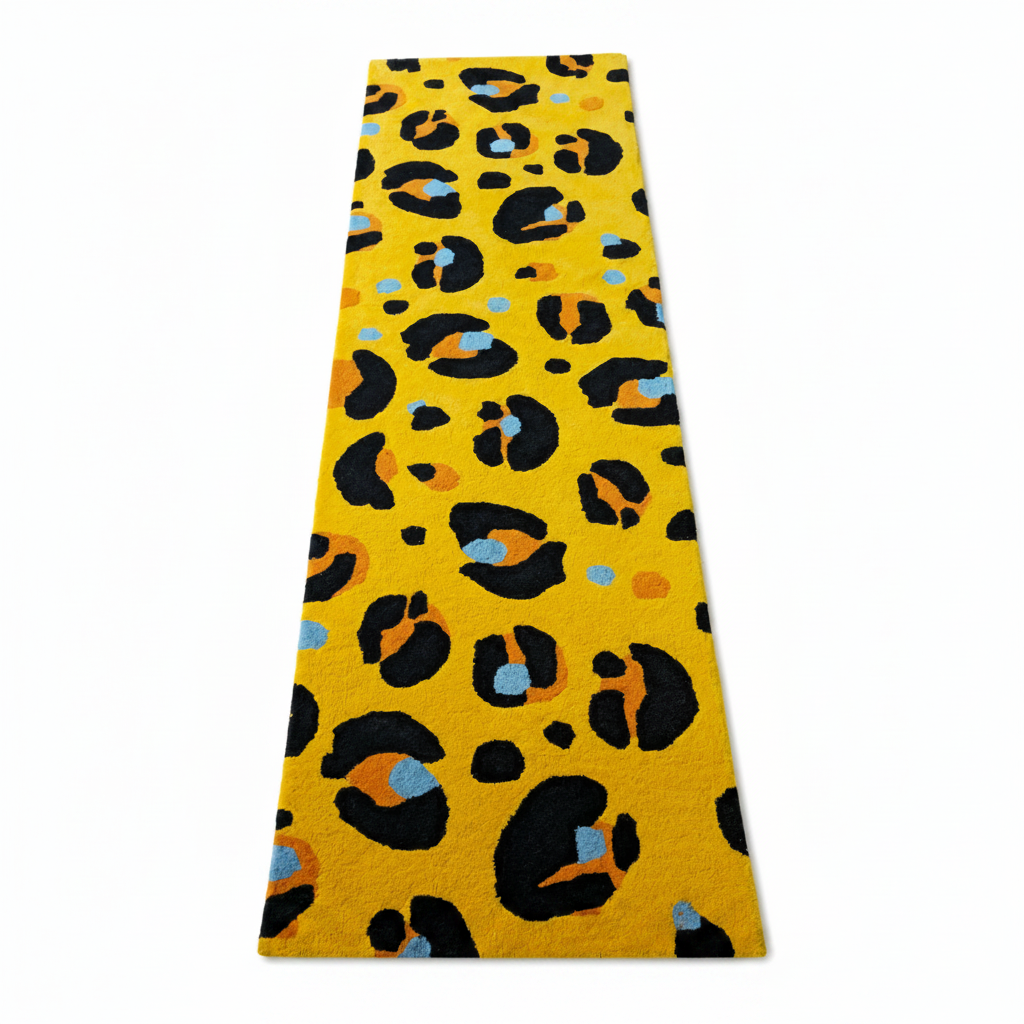 Yellow leopard print rug with black, orange, and blue leopard print pattern on a white background