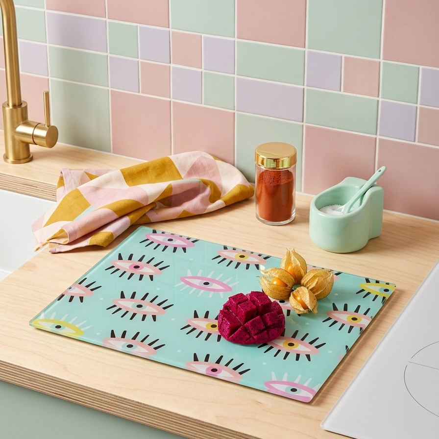 Kitchen counter with a colourful green evil eye chopping board, flowers, and kitchen items against a pastel tiled wall.