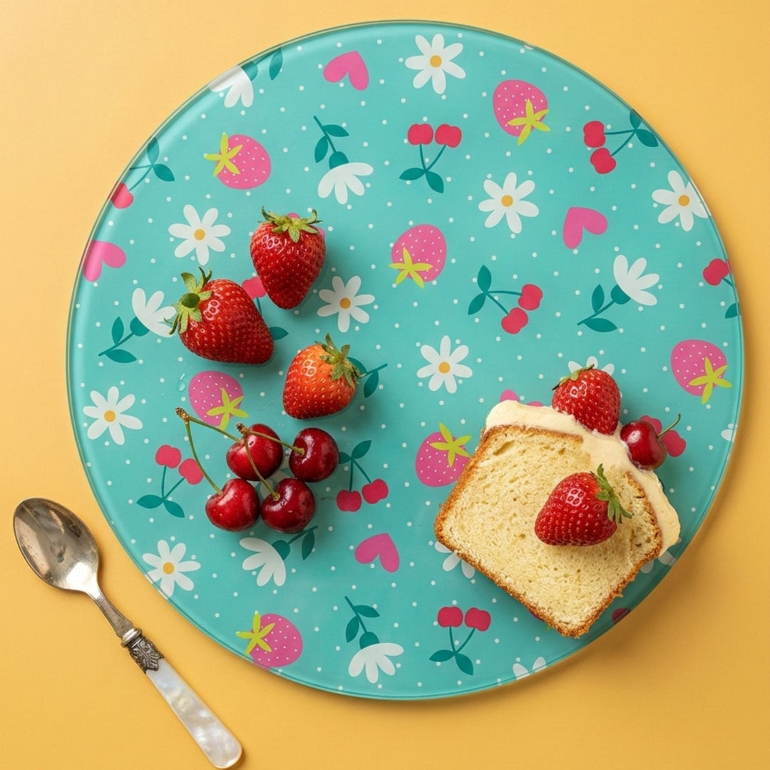 Green Cherry Flower Round Glass Chopping Board