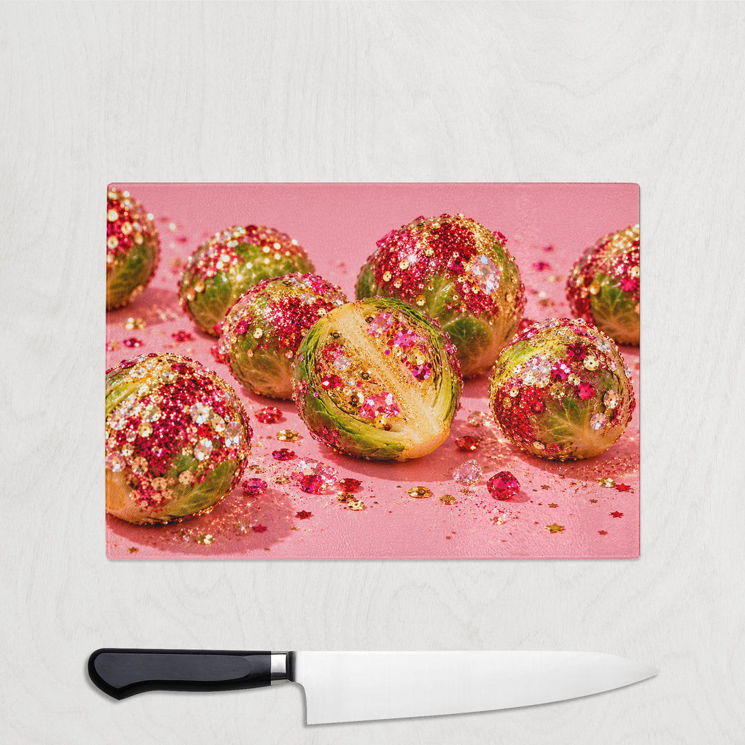 Glitter Pink Brussels Christmas glass chopping board with Brussels sprouts covered in pink, red and gold glitter and sequins on a pink background, shown with a chef's knife