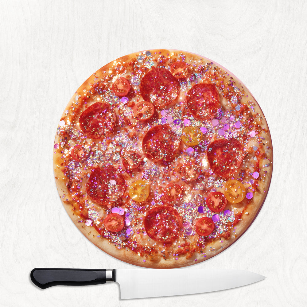 30cm round smooth glass chopping board with glitter pizza design