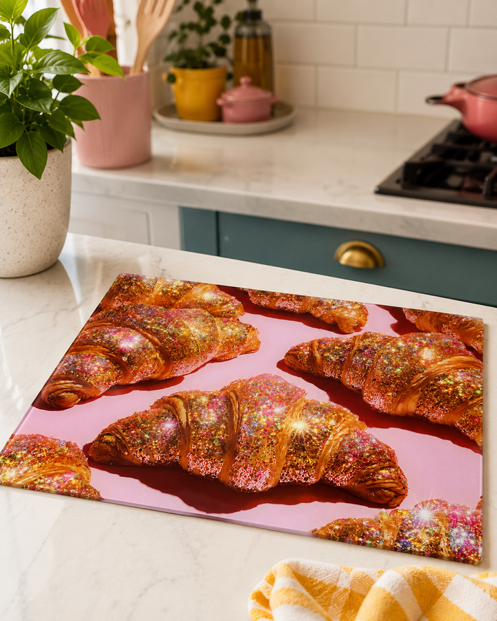 A rectangular glass cutting board printed with a close-up image of golden-brown croissants on a pink background, placed on a white kitchen countertop.