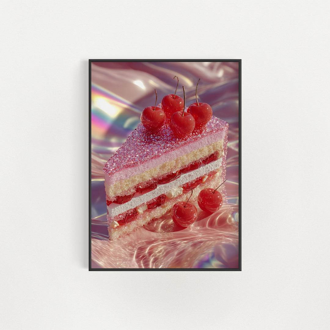 Framed artwork of a slice of cake with cherries on a reflective surface