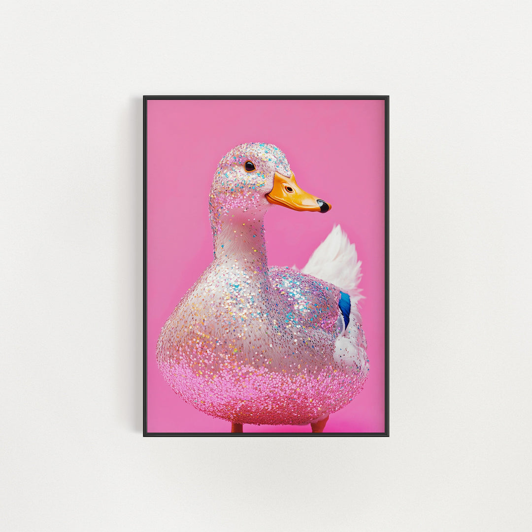 Sparkly glitter duck on a pink background – bold and colourful digital wall art download