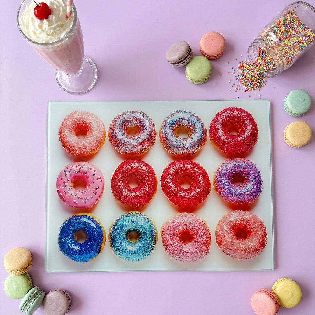 Glitter doughnut chopping board surrounded by macarons, milkshale and sprinkles
