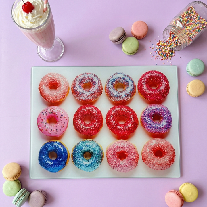 Glitter doughnut chopping board surrounded by macarons, milkshale and sprinkles
