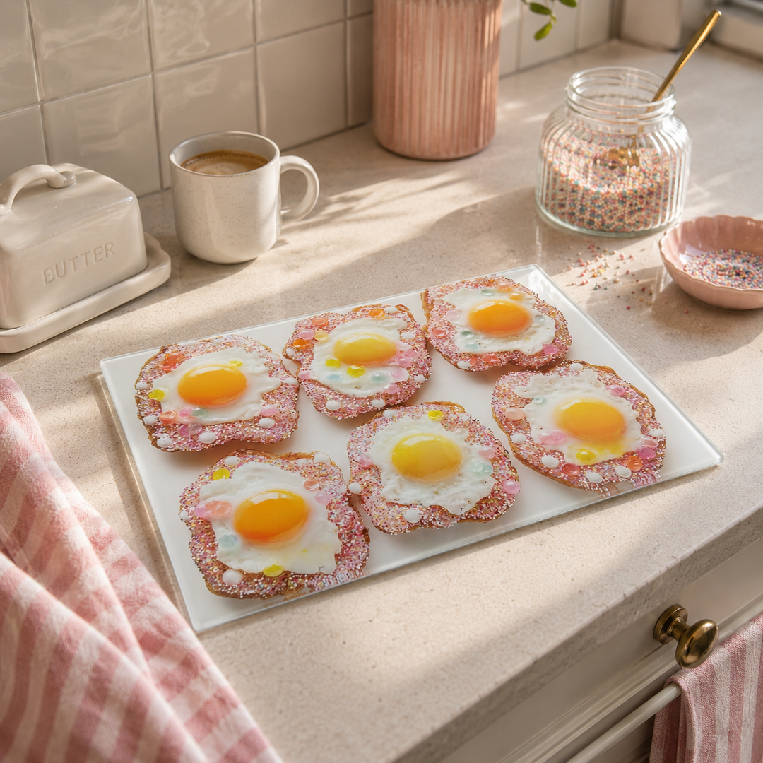Glass Glittery Egg Glass Worktop saver, with a mug
Of tea, sprinkles and a tea towel in a bright kitchen 
