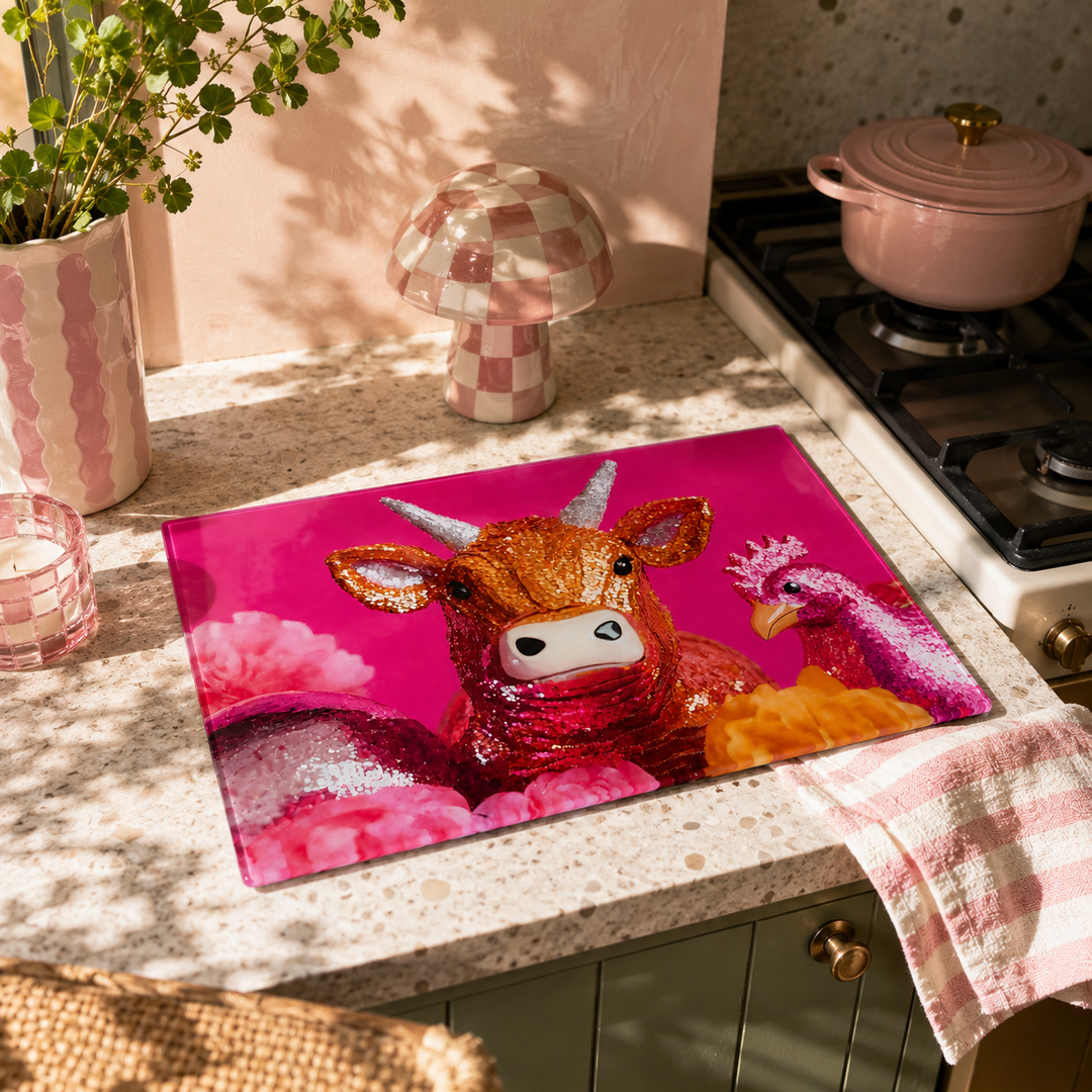 A rectangular glass cutting board by yililo with a glittery pink and red cow design, placed on a speckled kitchen countertop next to a pink checkered towel, a pink pot on a stove, and decorative objects in the background.