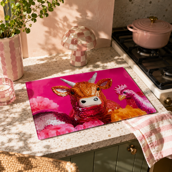 A rectangular glass cutting board by yililo with a glittery pink and red cow design, placed on a speckled kitchen countertop next to a pink checkered towel, a pink pot on a stove, and decorative objects in the background.