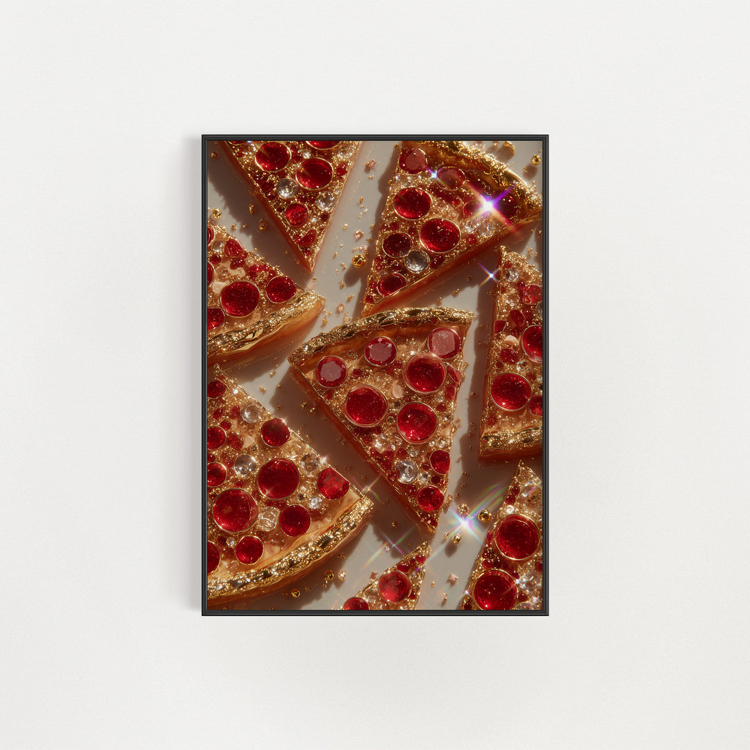 Decorative wall art with pizza slices and red gemstones on a white background