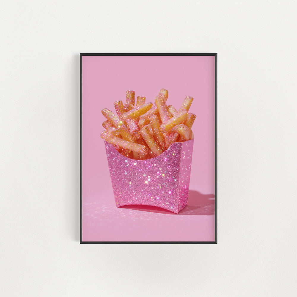 Framed artwork of pink fries in a pink box on a pink background
