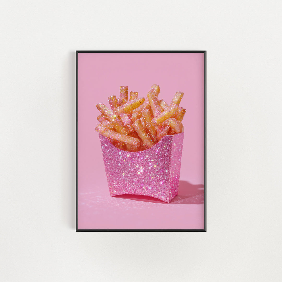 Framed artwork of pink fries in a pink box on a pink background