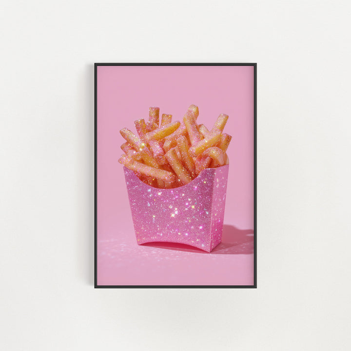 Framed artwork of pink fries in a pink box on a pink background