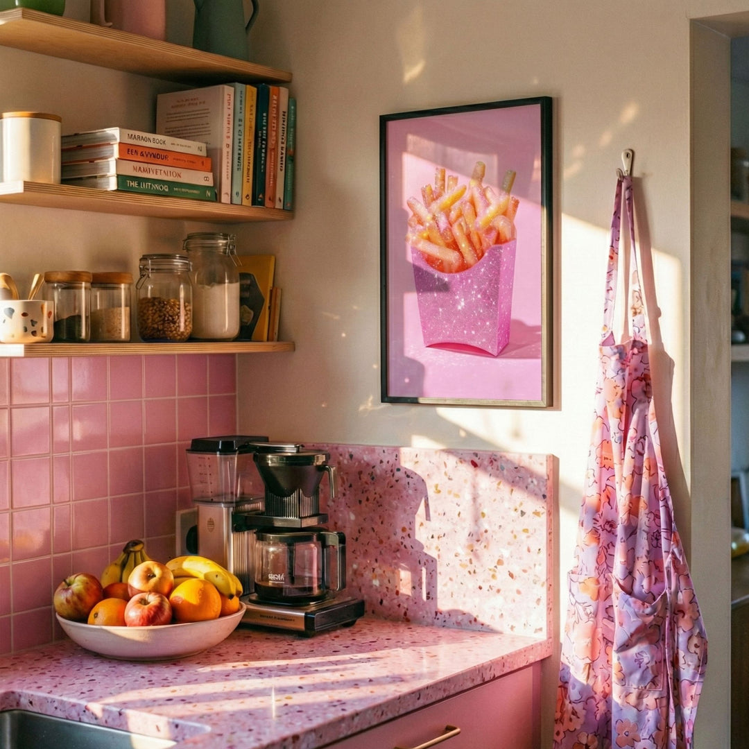 Kitchen with pink tiled backsplash, fruit bowl, coffee maker, and framed picture of fries.