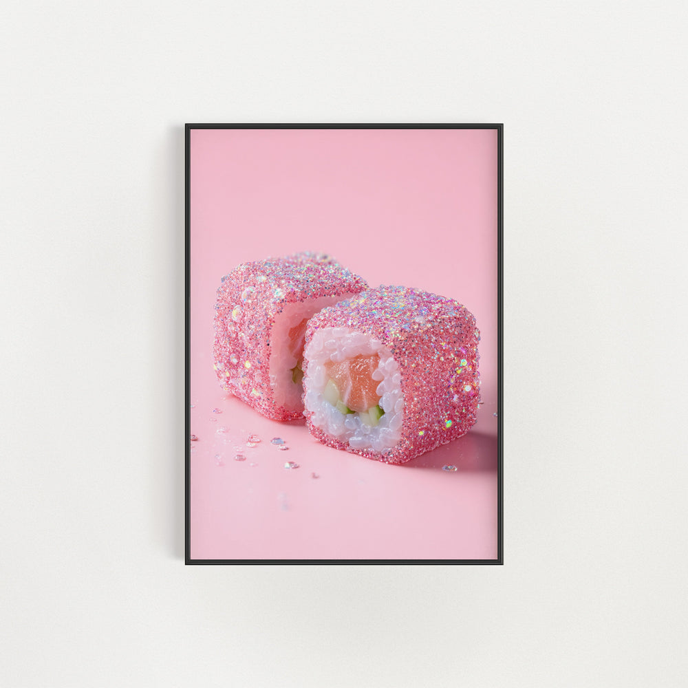 Framed artwork of a sushi roll with pink background