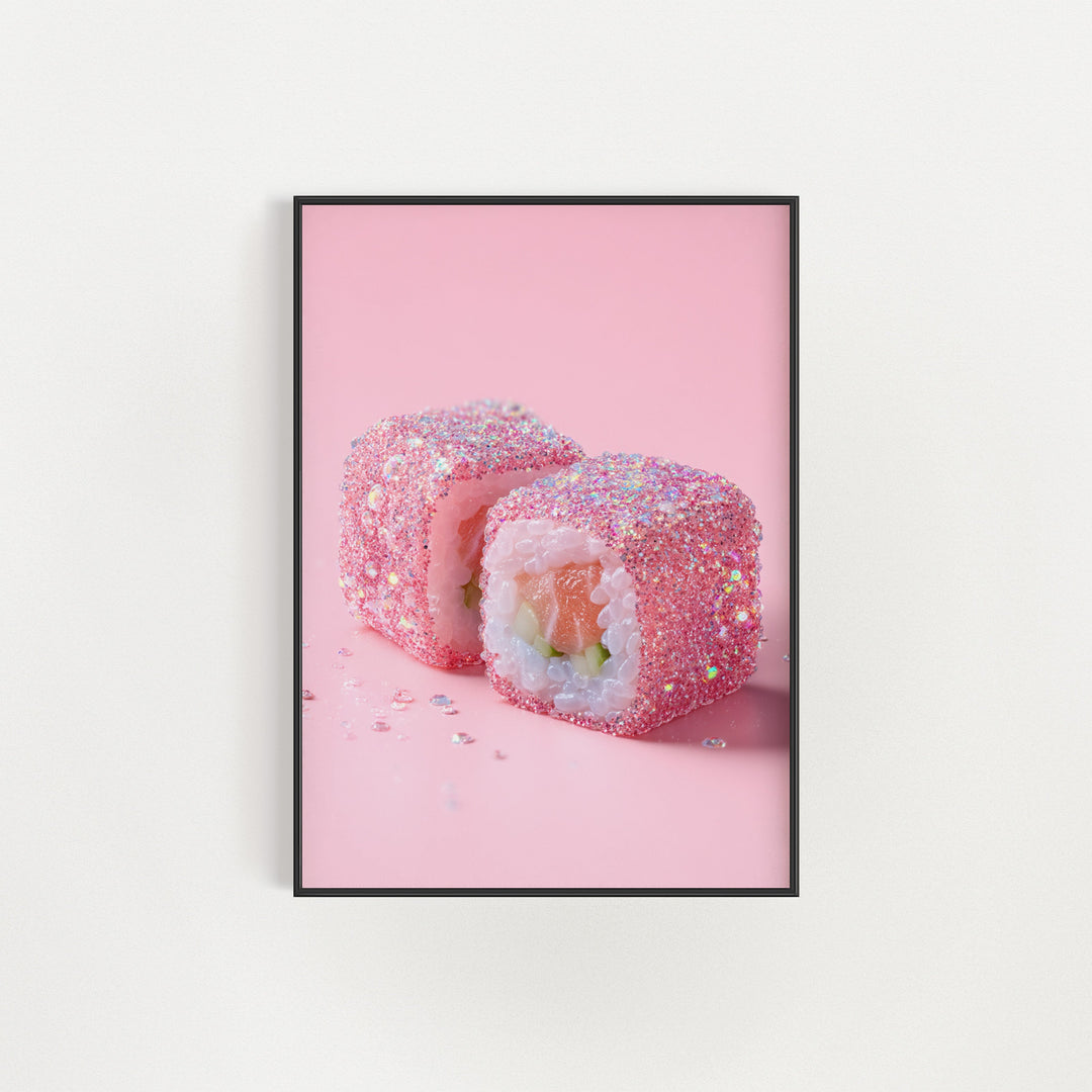 Framed artwork of a sushi roll with pink background