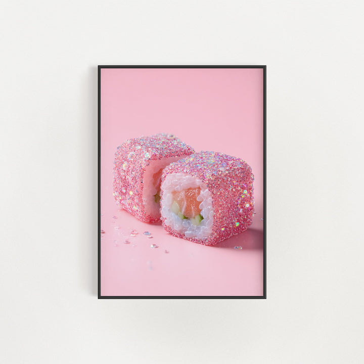 Framed artwork of a sushi roll with pink background