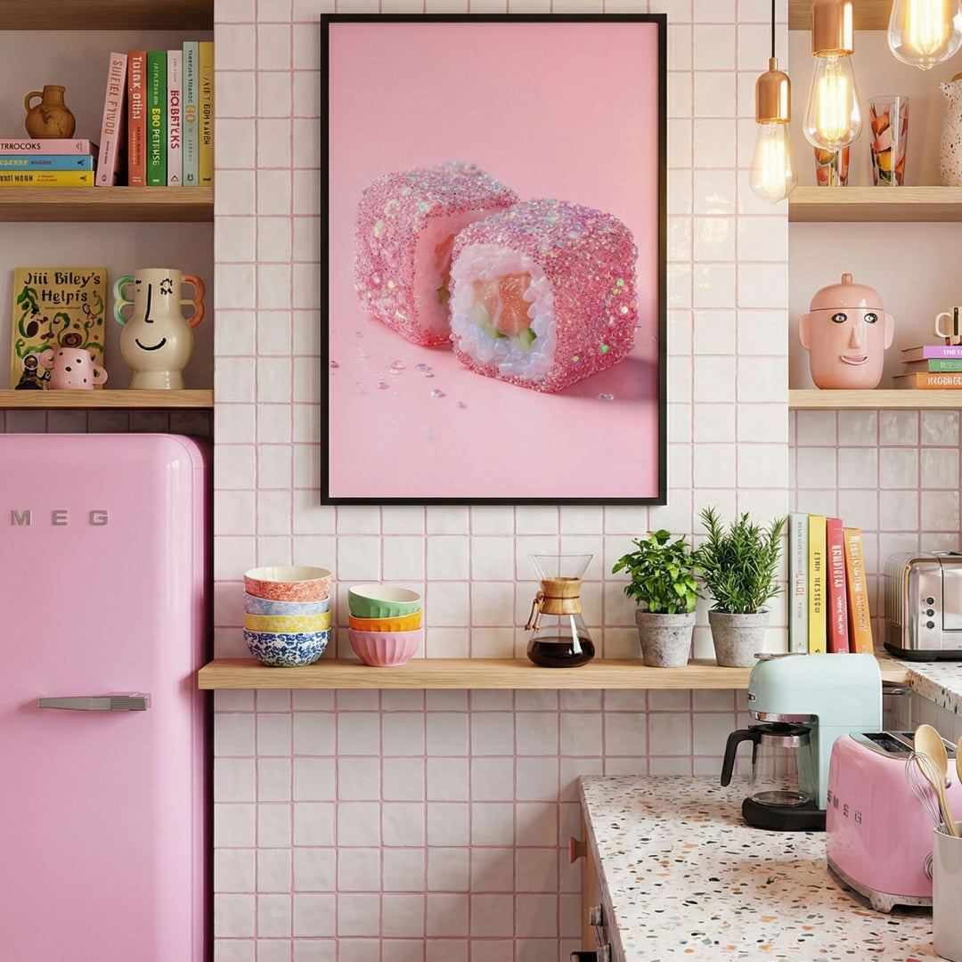 Kitchen interior with pink refrigerator, framed picture of sushi, and shelves with books and decor.