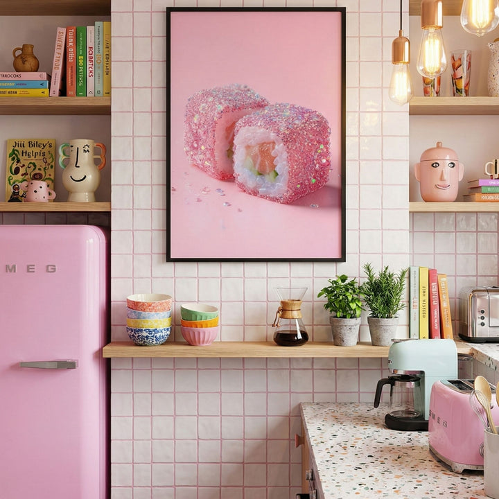 Kitchen interior with pink refrigerator, framed picture of sushi, and shelves with books and decor.