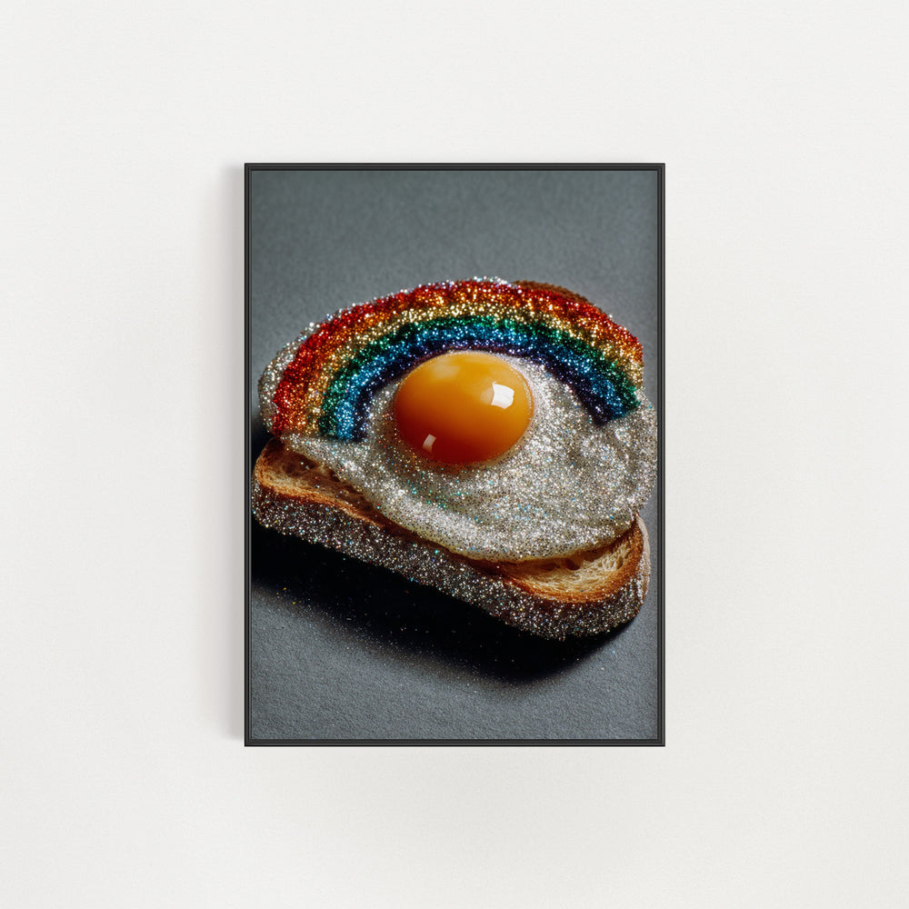 Framed artwork of a rainbow and egg on toast against a white background
