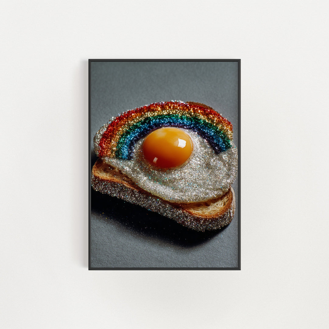 Framed artwork of a rainbow and egg on toast against a white background