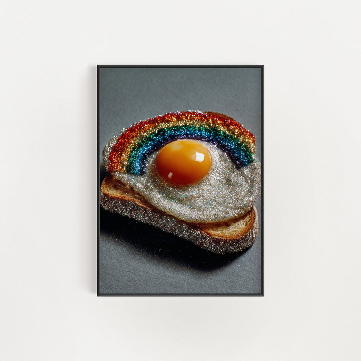 Framed artwork of a rainbow and egg on toast against a white background
