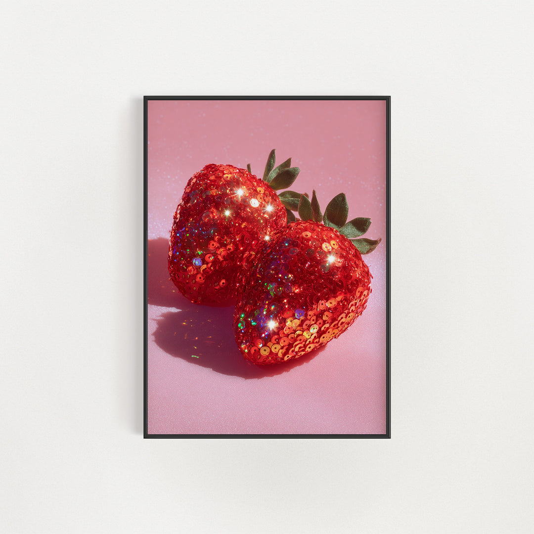 Framed artwork of two glittery red strawberries on a pink background