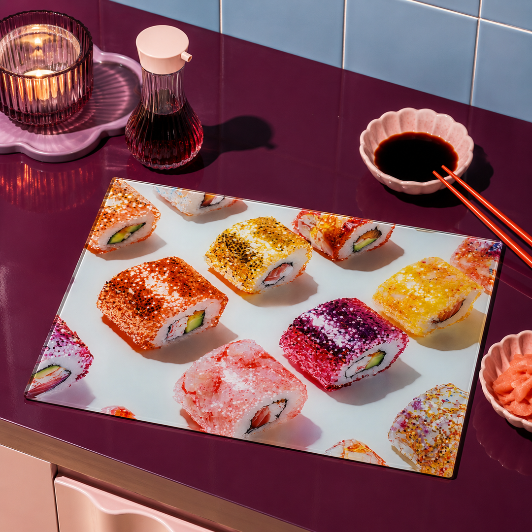 A rectangular glass worktop saver printed with colourful glitter effect sushi rolls, placed on a dark purple countertop in a kitchen setting with soy sauce, chopsticks, a candle, and a bottle nearby.